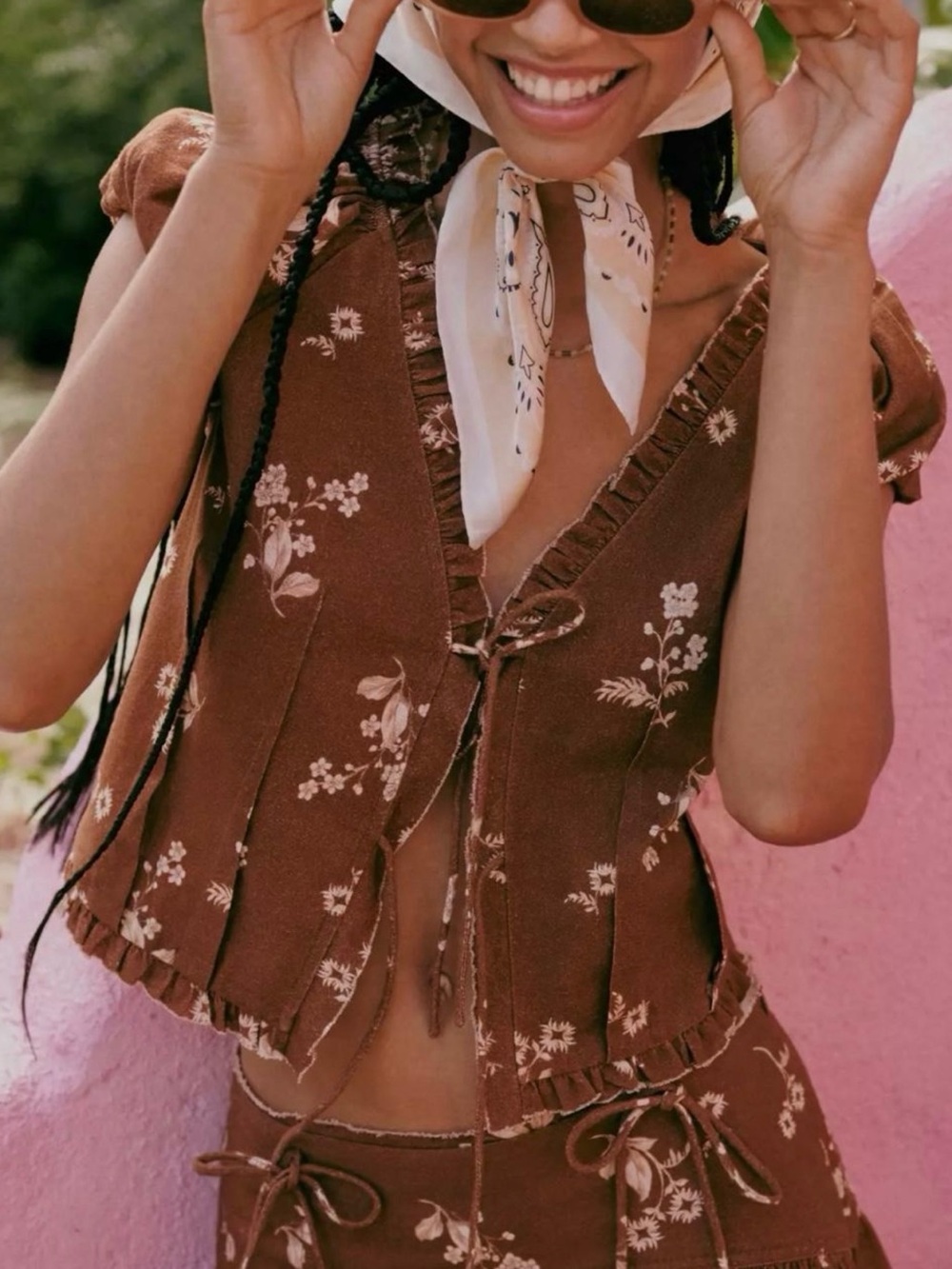 By Anthropologie puff-sleeve tie-front linen cotton top